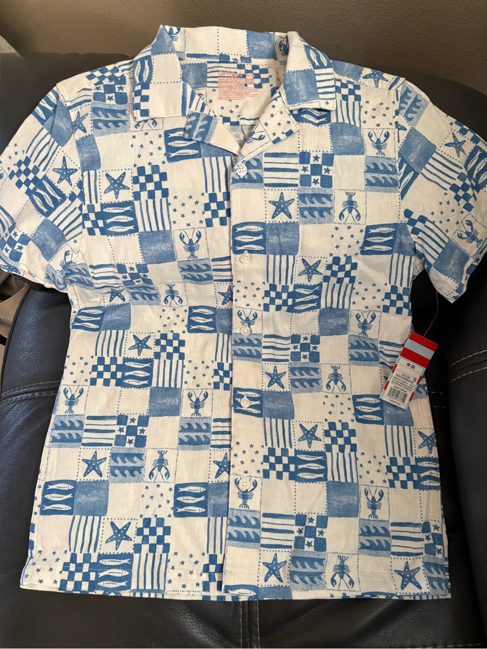 Cat & Jack Blue and White Short-Sleeve Patchwork Button-Down Shirt